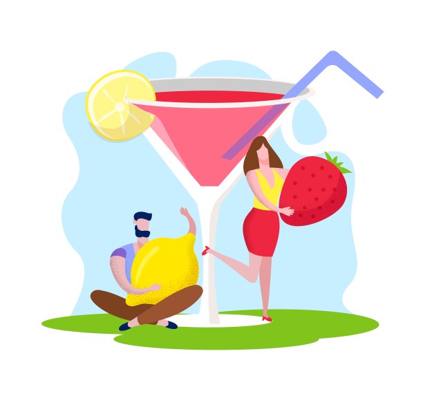 男人和女人拿着巨大的草莓和柠檬图片下载