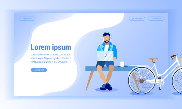 戴耳机的男人坐在自行车旁边的长椅上。图片下载