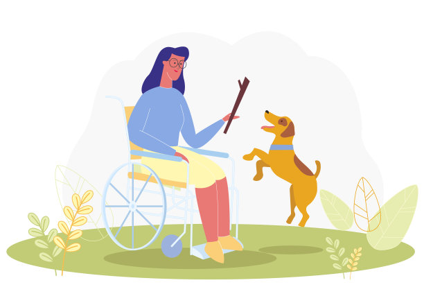 轮椅上的卡通女人与服务犬玩耍图片下载