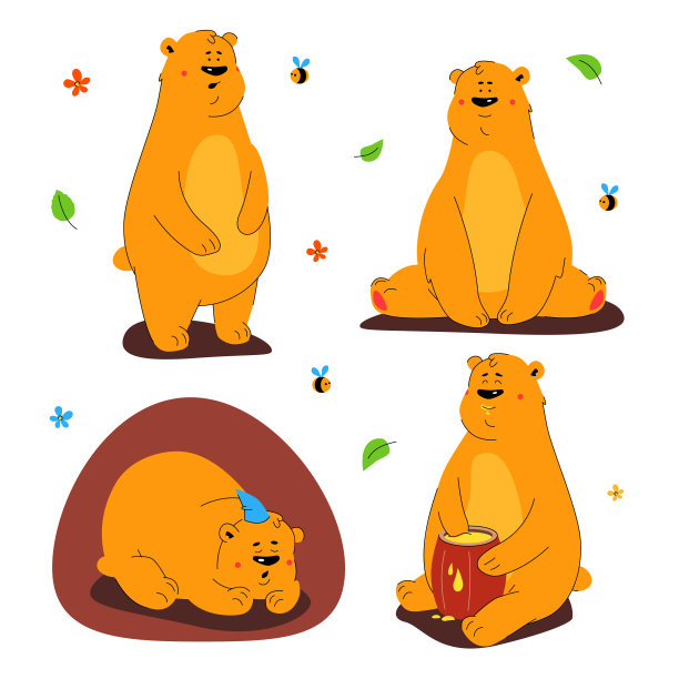 可爱的棕熊-平面设计风格的字符集图片下载