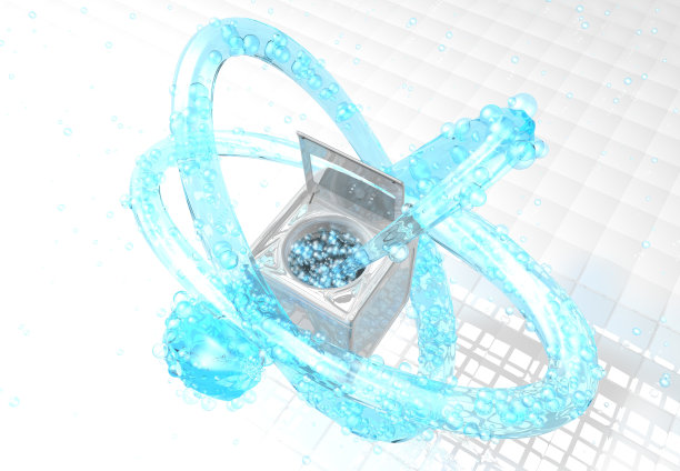 带有气泡的蓝色水柱从洗衣机内部喷出，在白色的方形地板上绕着洗衣机旋转3圈。三维演示图片下载