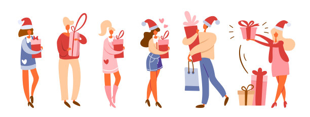 扁平的卡通人物收集拿着礼盒和购物袋从购买，戴着圣诞老人的帽子。男人和女人准备庆祝或节日，行走和站立。矢量插图。图片下载