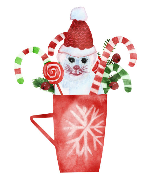 这款水彩手绘的2020年新年的象征构图是一只戴着红帽子的小白鼠，圣诞礼物装在一个红色的杯子里，上面有雪花，还有糖果手杖和冷杉树枝作为装饰品。图片下载