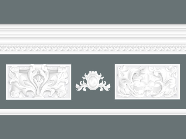 白色经典浮雕和飞檐集孤立，建筑元素集图片下载