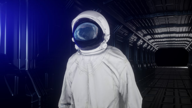 孤独的宇航员在未来的太空走廊，房间。看地球。三维渲染图片下载