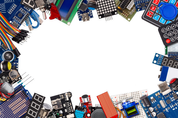 框拼贴与复制空间的微控制器板显示传感器按钮开关电缆电线配件和设备隔离白色电子概念背景图片下载