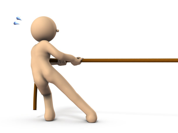 角色正在使劲地拉着一根粗绳子。白色背景。3 d演示。图片下载