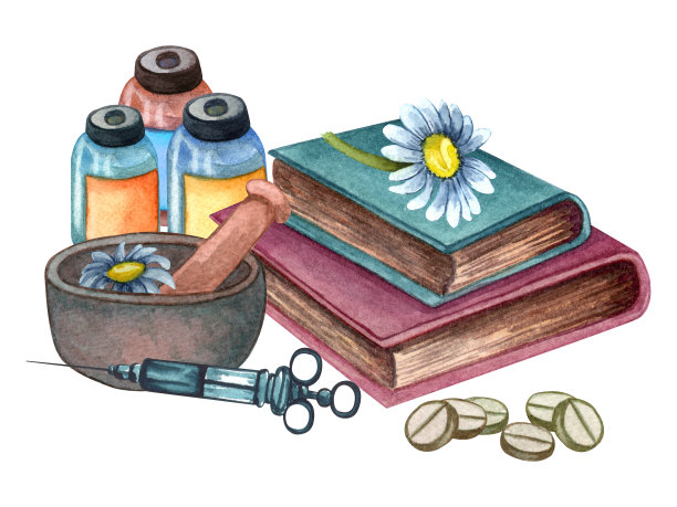 水彩画医学组成的草药在陶碗，书籍，药丸，药物，注射。复古手绘插图。图片下载