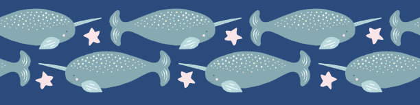 独角鲸无缝边框图案与星星。一个可爱的手绘海洋生命矢量设计理想的丝带，磁带或边缘修剪。图片下载