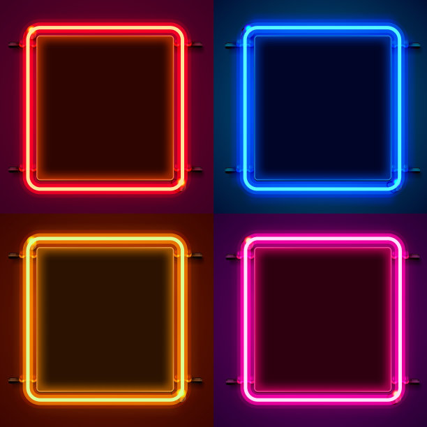 霓虹灯框架标志在一个方形。设置颜色。模板设计元素。图片下载