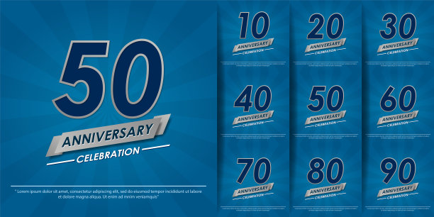 一套10-90年优雅银周年庆典徽章，蓝色背景带。周年标志设计网页，海报，小册子，传单，杂志，贺卡和邀请卡图片下载