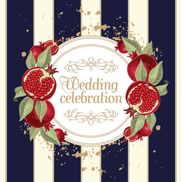 有石榴和叶子的婚礼请柬。矢量插图。图片下载