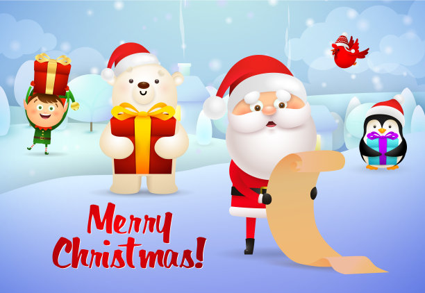 圣诞快乐刻字，圣诞老人带卷轴，礼品盒图片下载