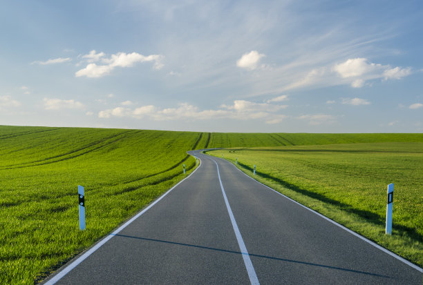 柏油路穿过一片绿色的田野图片下载