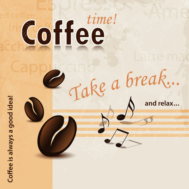 复古风格的咖啡海报，配有休息口号和音乐笔记图片下载