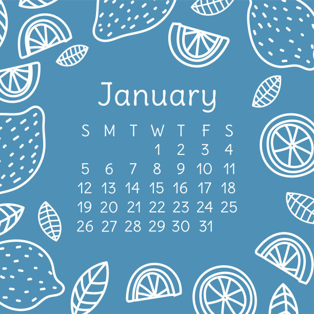 2020年1月日历。矢量英文墙砑光机模板。柠檬和桔子片。柑橘类的水果。手绘设计。画素描。周日图片下载