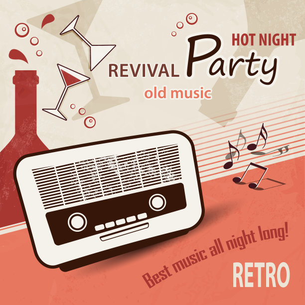 复古派对海报与旧收音机复古音乐背景在50年代60年代70年代的风格图片下载