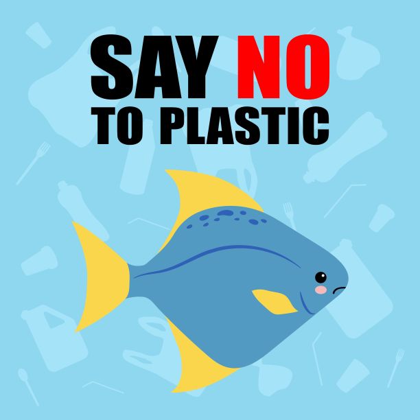 塑料海洋污染-停止使用塑料可爱的悲伤的鱼。卡哇伊的卡通风格图片下载