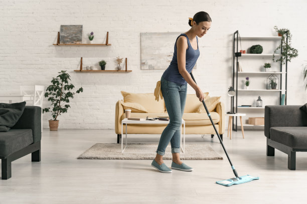 女性做清洁在客厅库存照片图片下载