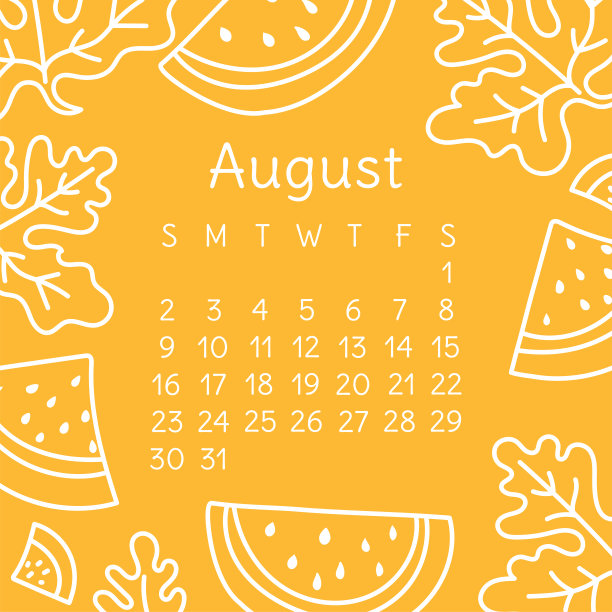 日历2020年8月。矢量英文墙砑光机模板。水果、浆果。西瓜。手绘设计。画素描。周日图片下载