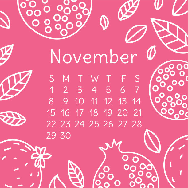 日历2020年11月。矢量英文墙砑光机模板。水果、浆果。石榴石或石榴手绘设计。画素描。周日图片下载
