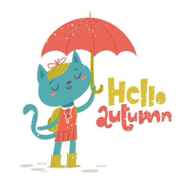 Hello Autumn海报和带伞的猫图片下载