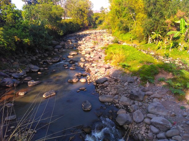 在乡村的夏天，河水和岩石的高角度图片下载