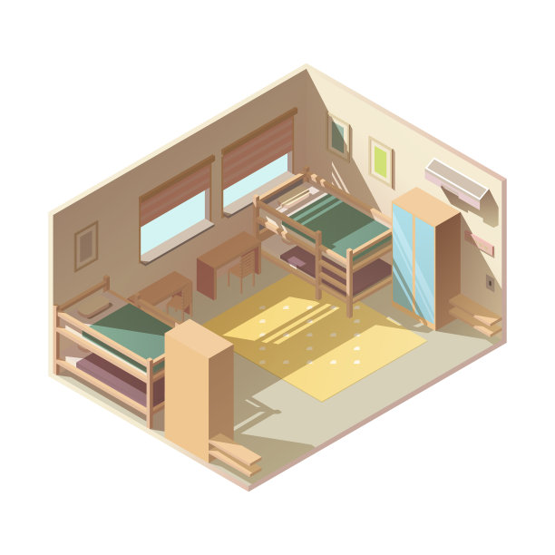 旅舍酒店房间内部等距矢量图片下载