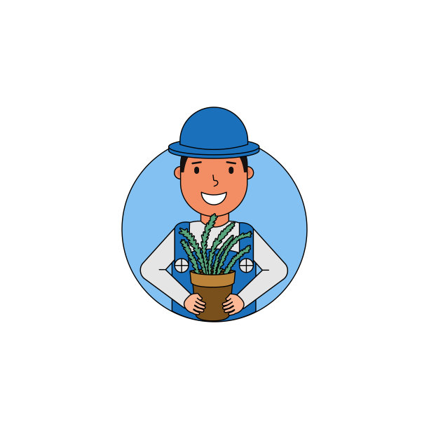 男孩农民拿着一盆植物，一个年轻的园丁卡通风格，矢量插图在白色背景图片下载