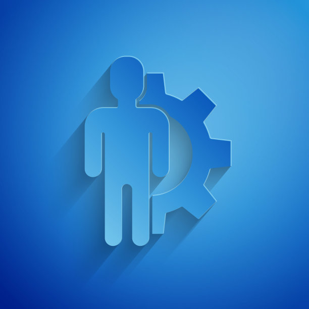 剪纸人与齿轮内的图标隔离在蓝色背景。人工智能。思考的大脑信号。大脑的符号工作。纸艺术风格。矢量图图片下载