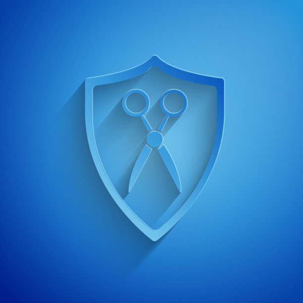 剪纸剪刀理发师和盾牌图标孤立在蓝色背景。发型师、时尚沙龙和理发标志。理发店的标志。纸艺术风格。矢量图图片下载