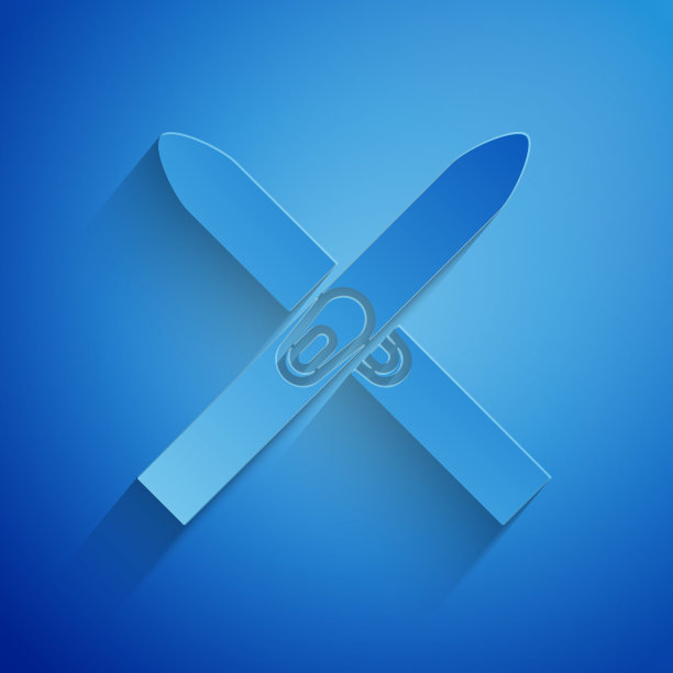 剪纸滑雪和棍棒图标孤立在蓝色背景。极限运动。滑雪设备。冬季运动图标。纸艺术风格。矢量图图片下载