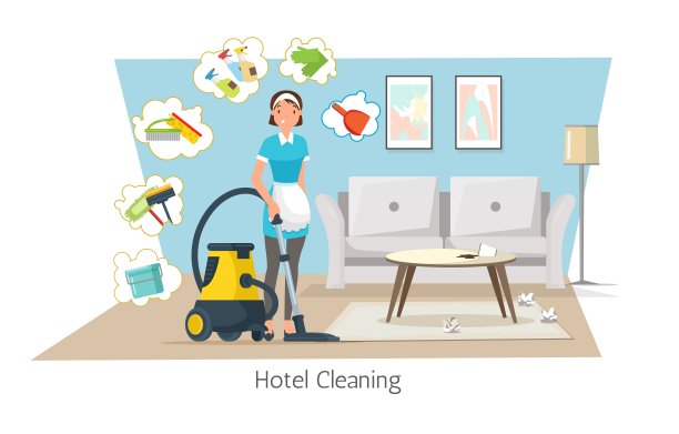 酒店保洁，服务员在房间用吸尘器清扫地毯。图片下载