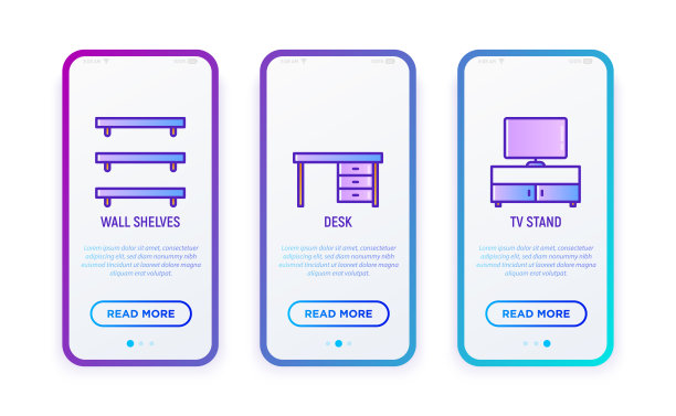 家具细线图标集:墙架，书桌，电视架。内部的元素。矢量插图。图片下载