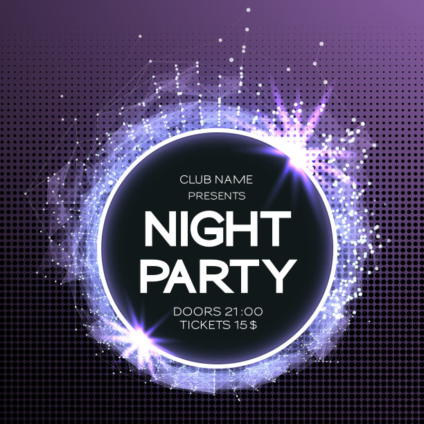 夜派对舞蹈海报背景。事件庆祝飞行。未来的技术风格。大数据。抽象设计与神经丛。迪斯科矢量插图。用于横幅，卡片，海报图片下载