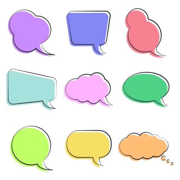 一组不同形状的彩色语音气泡。卡通涂鸦的概念。模板设计的问题，业务，聊天，媒体，社交，沟通，销售，笔记，演示，广告。素材图片