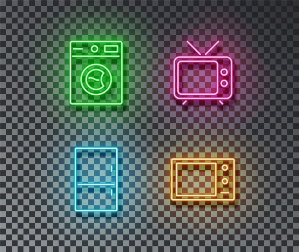霓虹灯屋装置标志向量隔离在砖墙上。洗衣机，冰箱，微波炉，电视灯系统图片下载