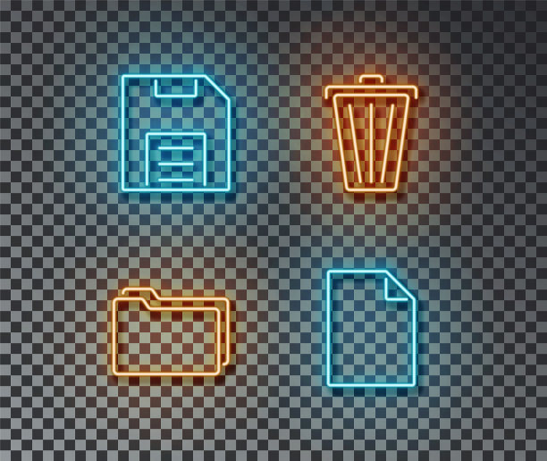 霓虹灯程序界面标志向量隔离在砖墙上。保存，删除，新文件，目录轻sy图片下载