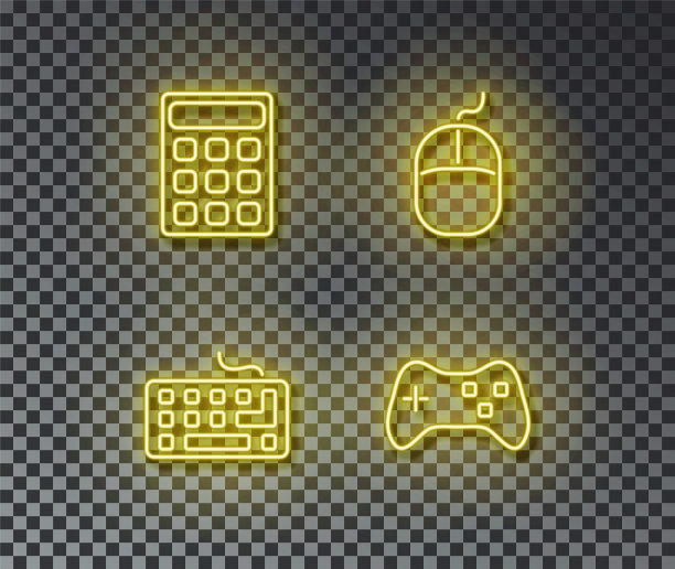 霓虹装置标志矢量隔离在砖墙上。数学计算器，键盘，游戏手柄，鼠标灯图片下载