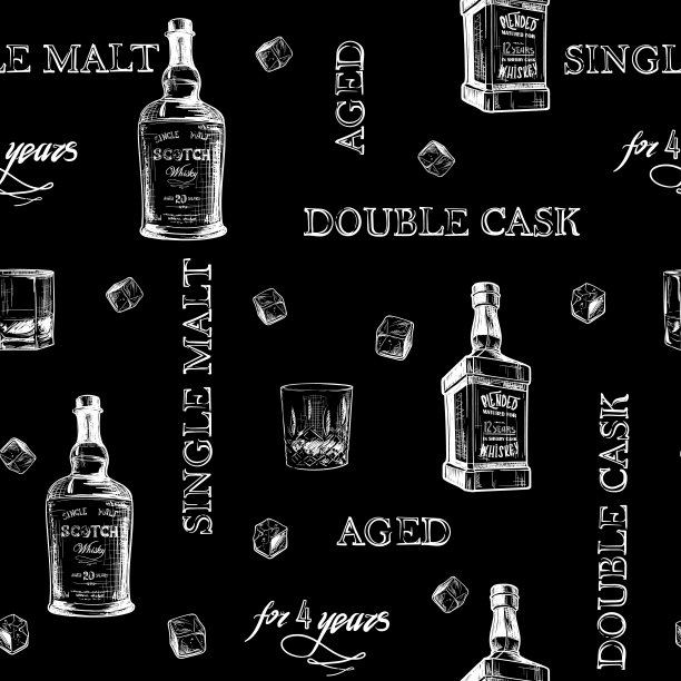 最好的威士忌口味的原料。瓶子、课程和冰块。无缝模式与字母元素。图片下载