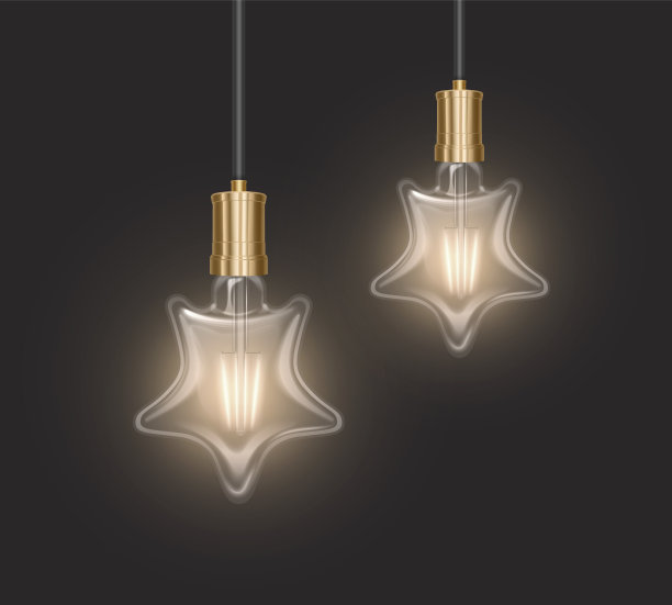 星形灯泡在黑暗基底上的复古风格，发光的灯泡在现实主义风格图片下载