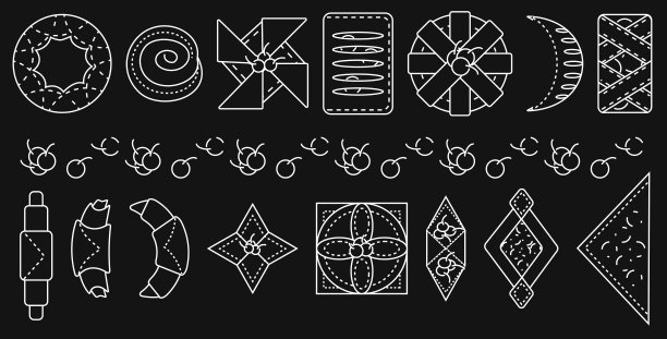 一套面包和糕点产品在轮廓风格上的黑色背景。羊角面包，百吉饼，泡芙，卷，面包和新鲜的浆果和果酱图标集。矢量模式的面包店，咖啡馆，菜单图片下载