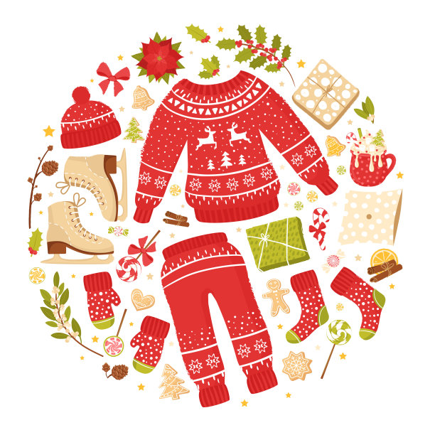 新年和圣诞节的特点:套头毛衣、手套、袜子和溜冰鞋。冬季季节海报或贺卡。关于冬季假期主题的矢量插图集图片下载