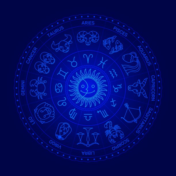 生肖符号圆形，极简卡通风格，白色线条上深色背景。图片下载