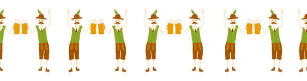 啤酒节派对无缝边界设计模板。矢量插图。啤酒节聚会重复横幅。穿着传统啤酒节皮短裤的男人戴着叮当作响的啤酒杯。邀请传单。图片下载