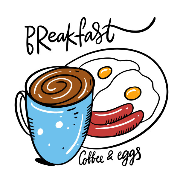 早餐鸡蛋，香肠和咖啡杯。手绘矢量插图和字母。图片下载