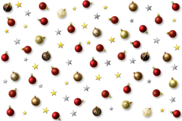 白色背景上有很多圣诞球和星星。图片下载