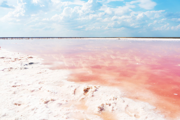 近距离的风景与粉红色的结晶盐在一个湖泊和多云的天空。空间景观。大自然美丽的色彩。旅行照片的背景。在地下的干粉色海盐。图片下载