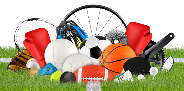 巨大的收集堆栈运动球齿轮设备从各种运动在绿草地足球场概念孤立的白色背景图片下载