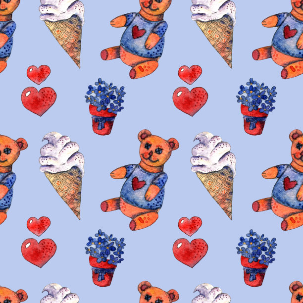 儿童水彩设置无缝模式与泰迪熊和冰淇淋在蓝色的背景。图片下载
